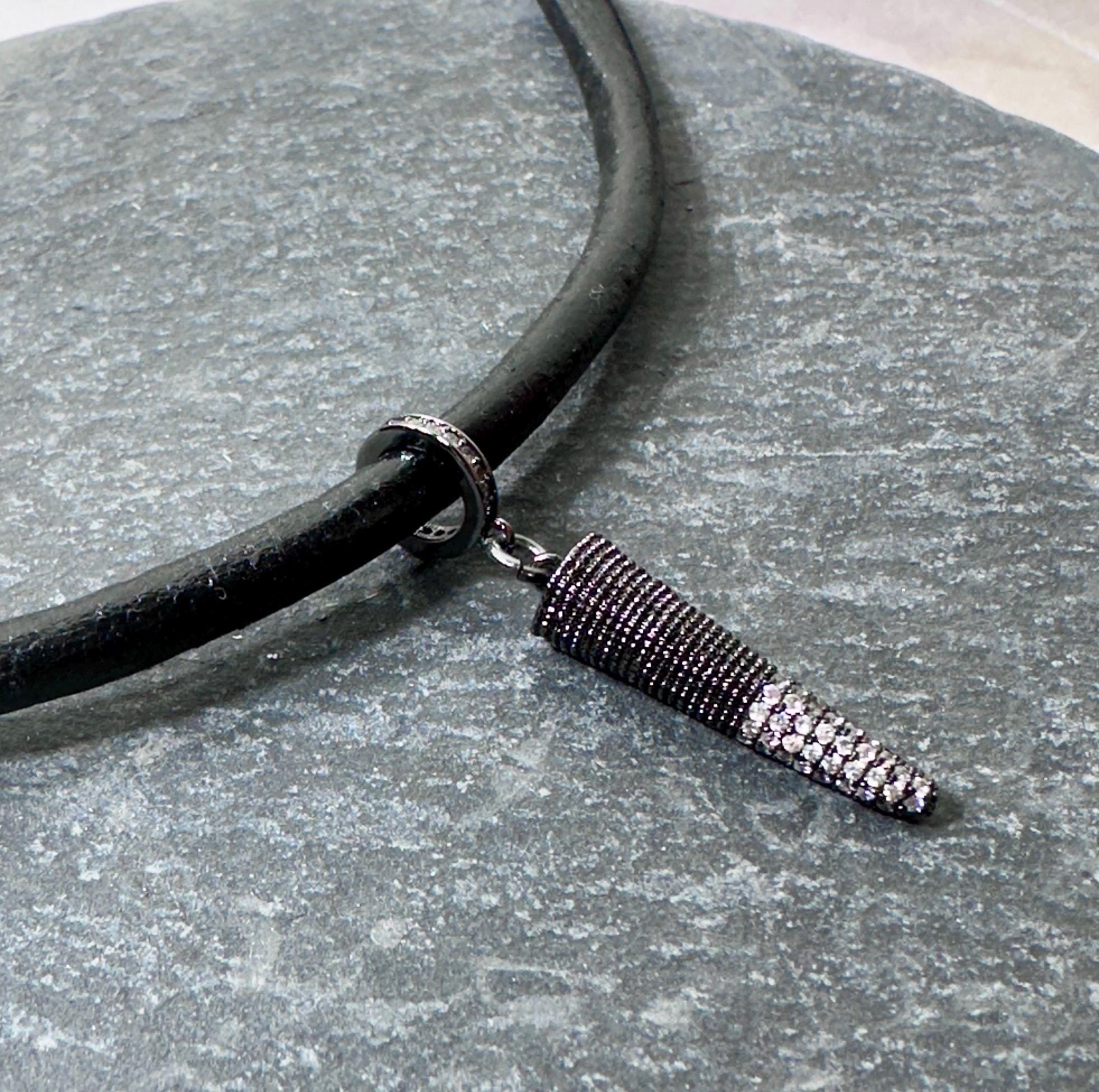 MossberryandStone Black Leather Choker Necklace Gunmetal Spike CZ Pendant