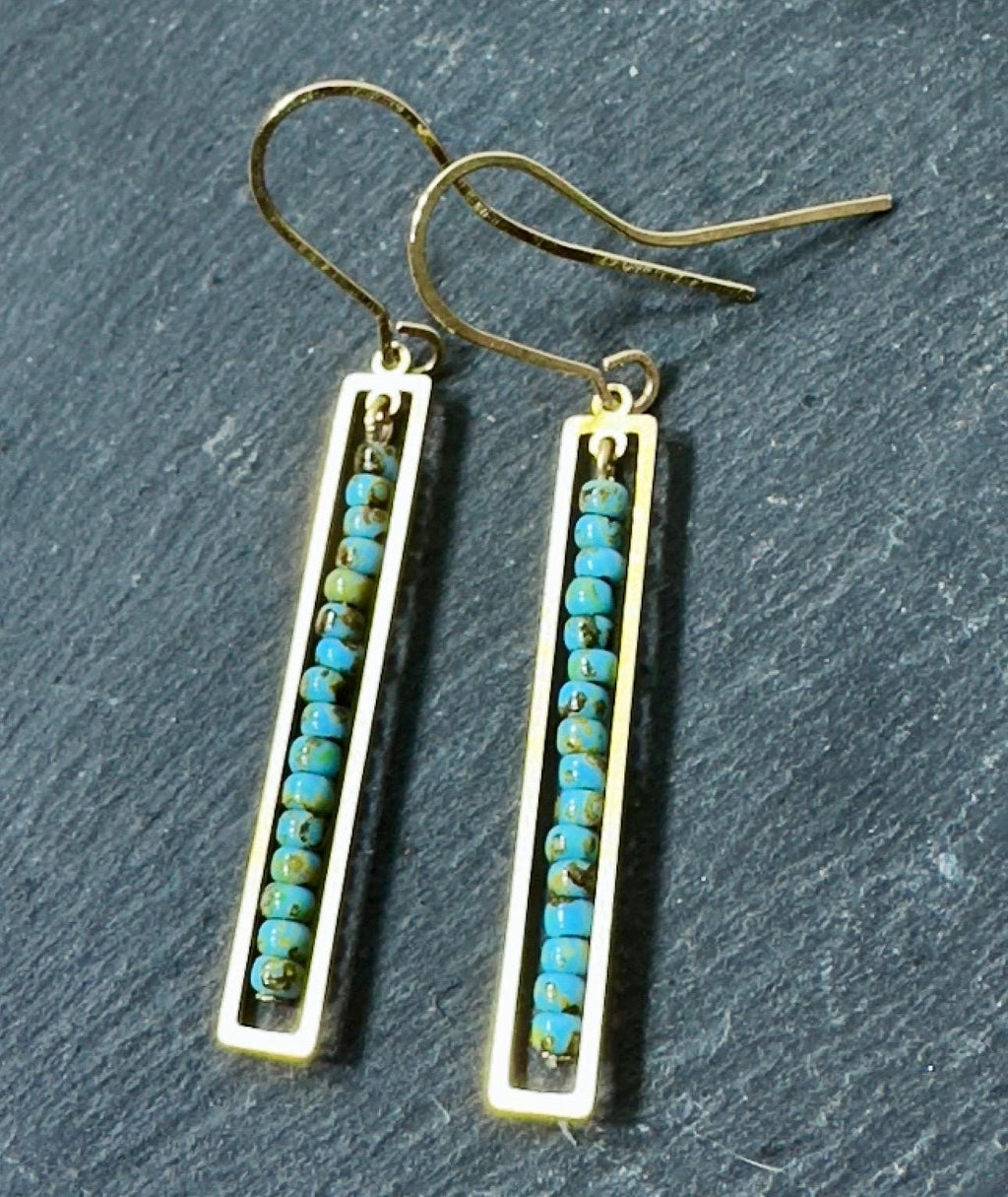 MossberryandStone Turquoise Bar Drop Earrings Gold Finish