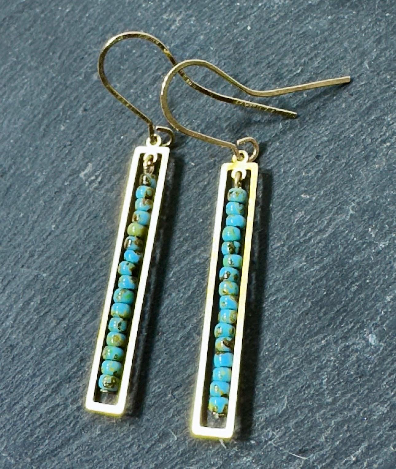 MossberryandStone Turquoise Bar Drop Earrings Gold Finish