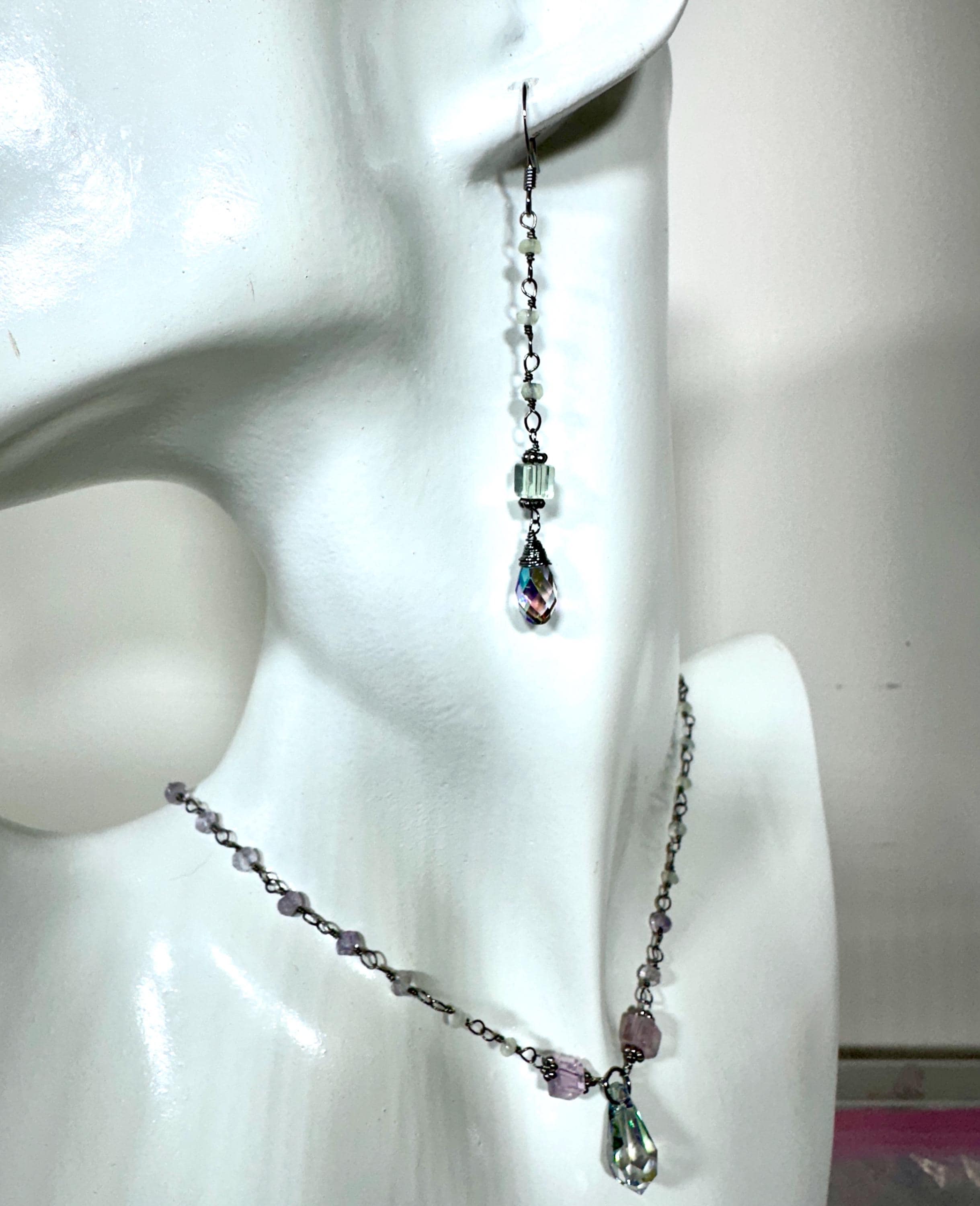 MossberryandStone Fluorite Pendant Necklace with Swarovski Crystal Drop