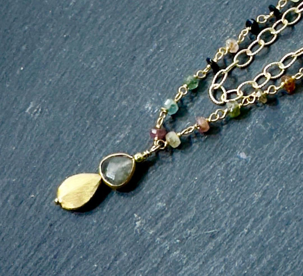 Tourmaline Necklace and Earrings with Labradorite and Brushed Gold Drop