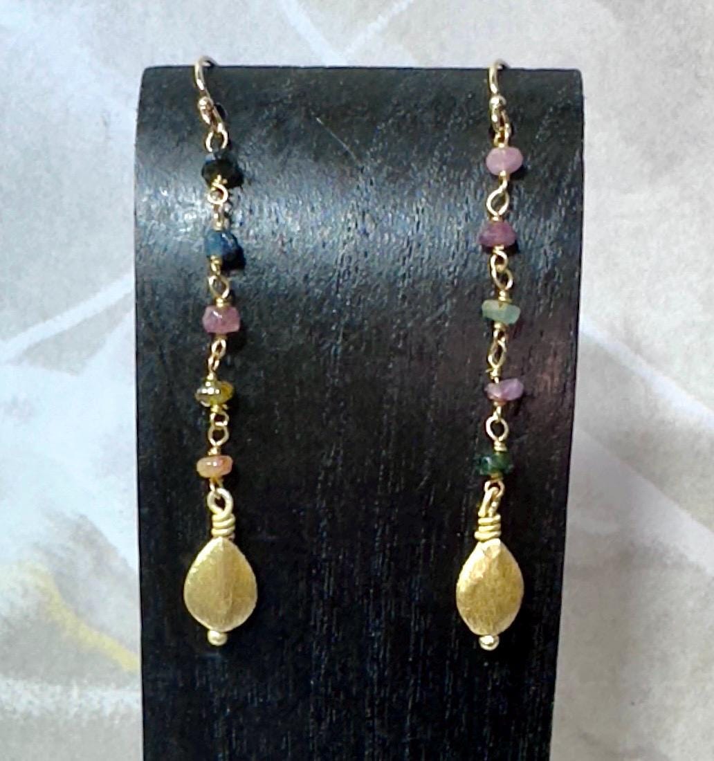 Tourmaline Bead Chain Earrings with Brushed Gold Teardrop