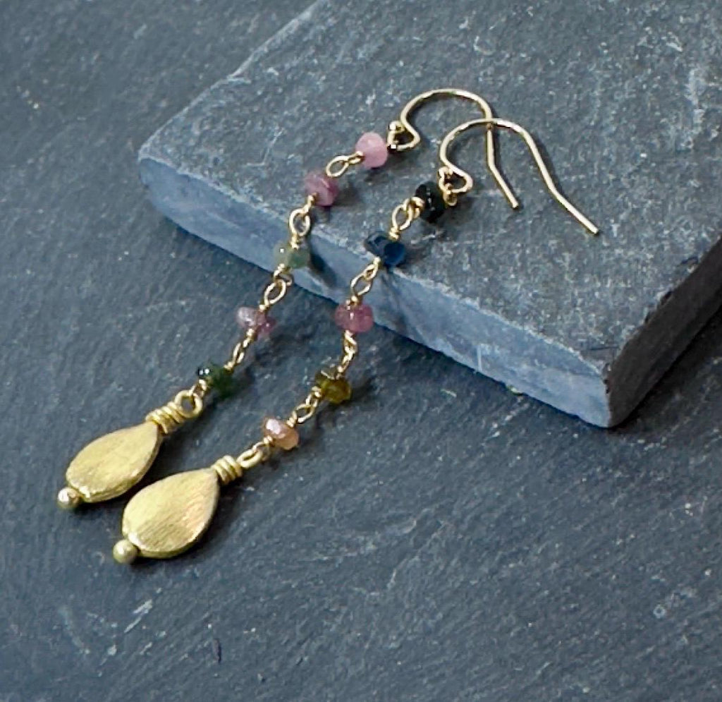 Tourmaline Bead Chain Earrings with Brushed Gold Teardrop