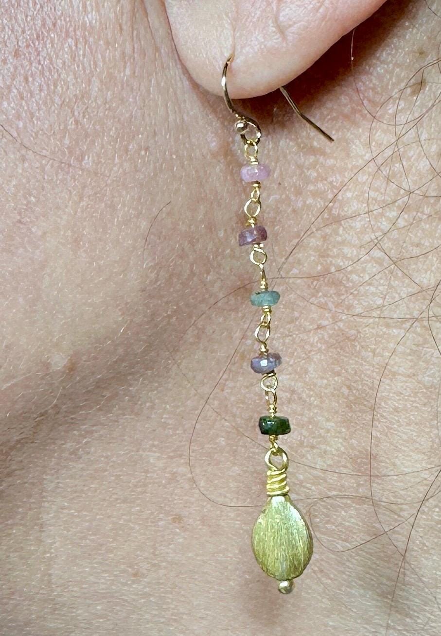 Tourmaline Bead Chain Earrings with Brushed Gold Teardrop