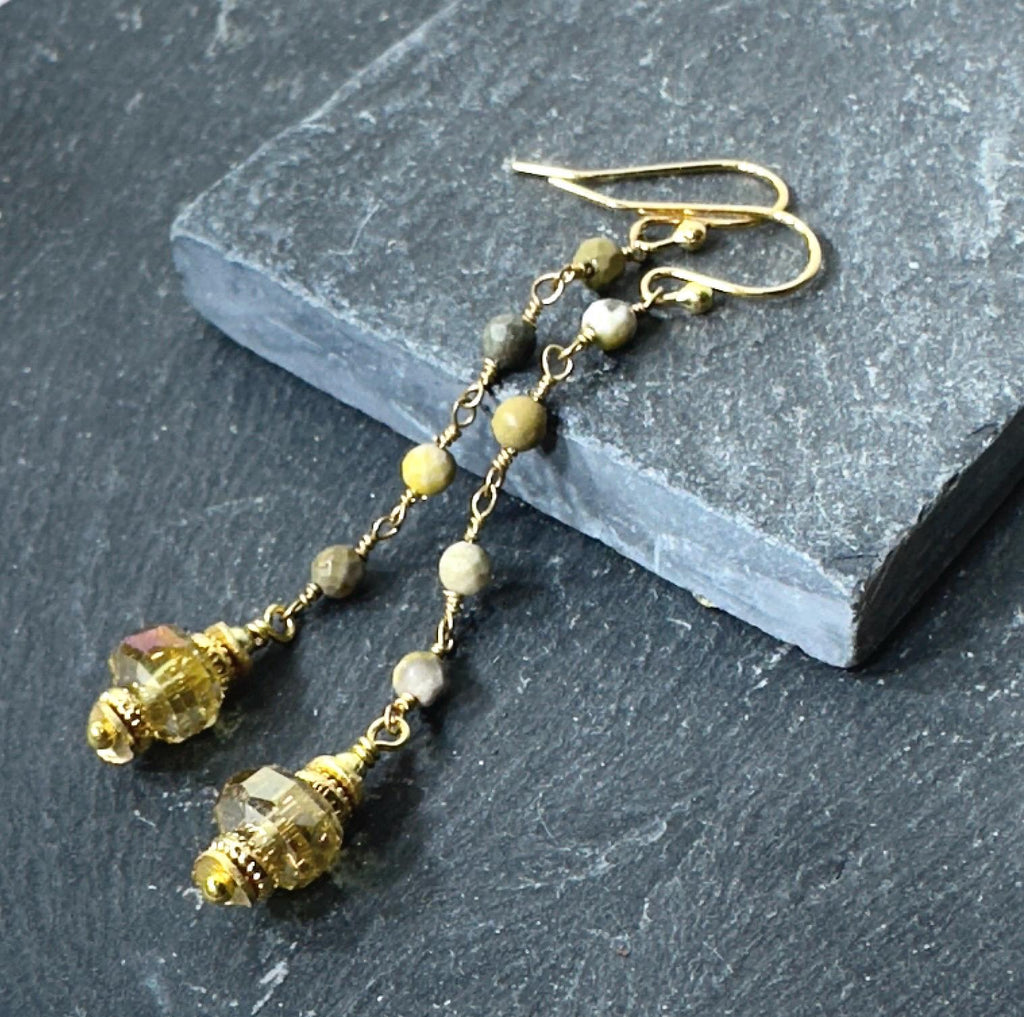Jasper Bead Chain Gold Earrings