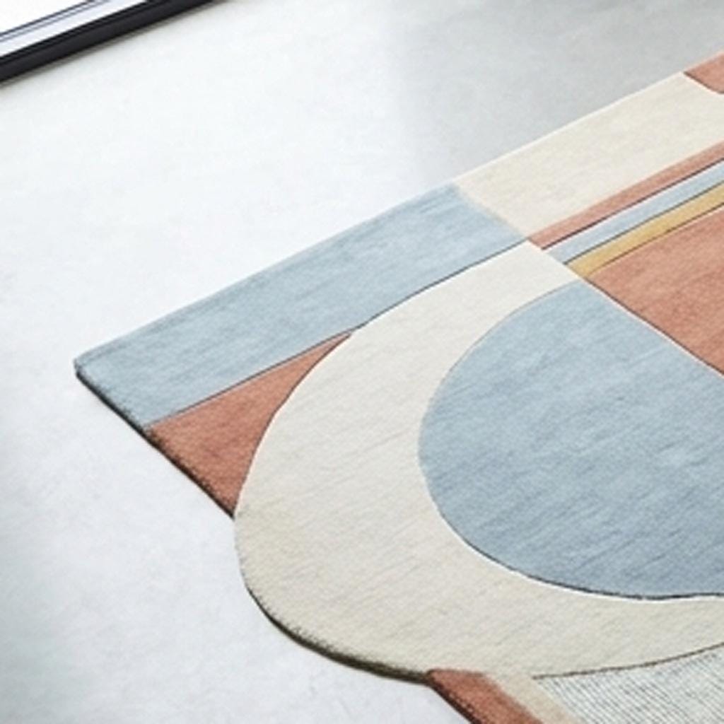 Hand Tufted Wool Geometric Area Rug Irregular Shape Blue Rust