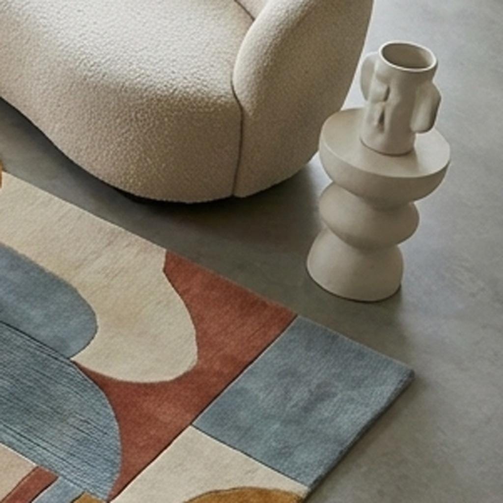 Hand Tufted Wool Geometric Area Rug Irregular Shape Blue Rust