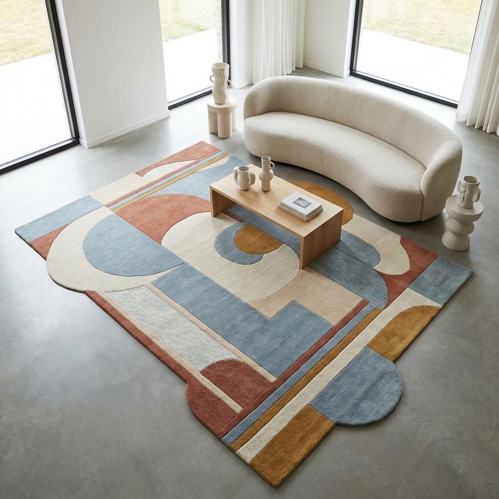 Hand Tufted Wool Geometric Area Rug Irregular Shape Blue Rust