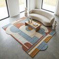 Hand Tufted Wool Geometric Area Rug Irregular Shape Blue Rust
