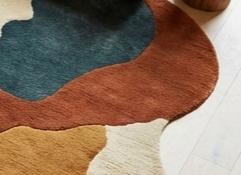 Abstract Irregular Shape Wool Area Rug, Hand Tufted Teal Rust Mustard