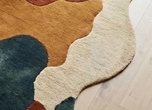 Abstract Irregular Shape Wool Area Rug, Hand Tufted Teal Rust Mustard