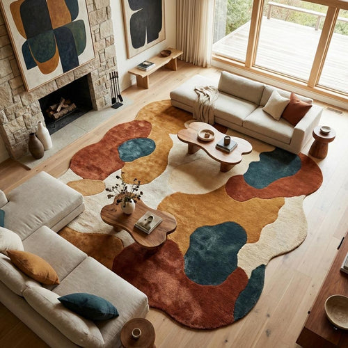 Abstract Irregular Shape Wool Area Rug, Hand Tufted Teal Rust Mustard