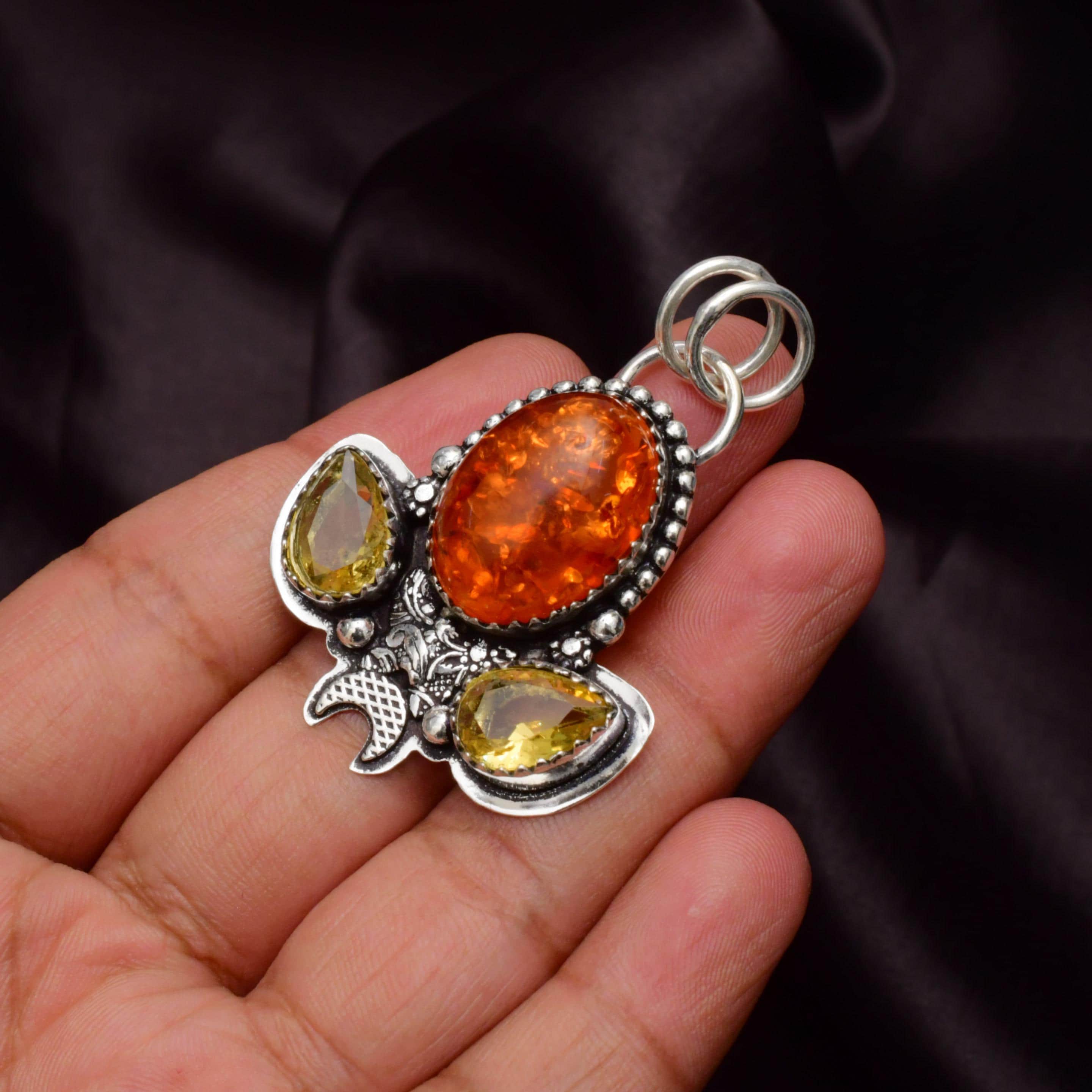 EkkJewels Baltic Amber 925 Sterling Silver Pendant Necklace Handmade Gemstone