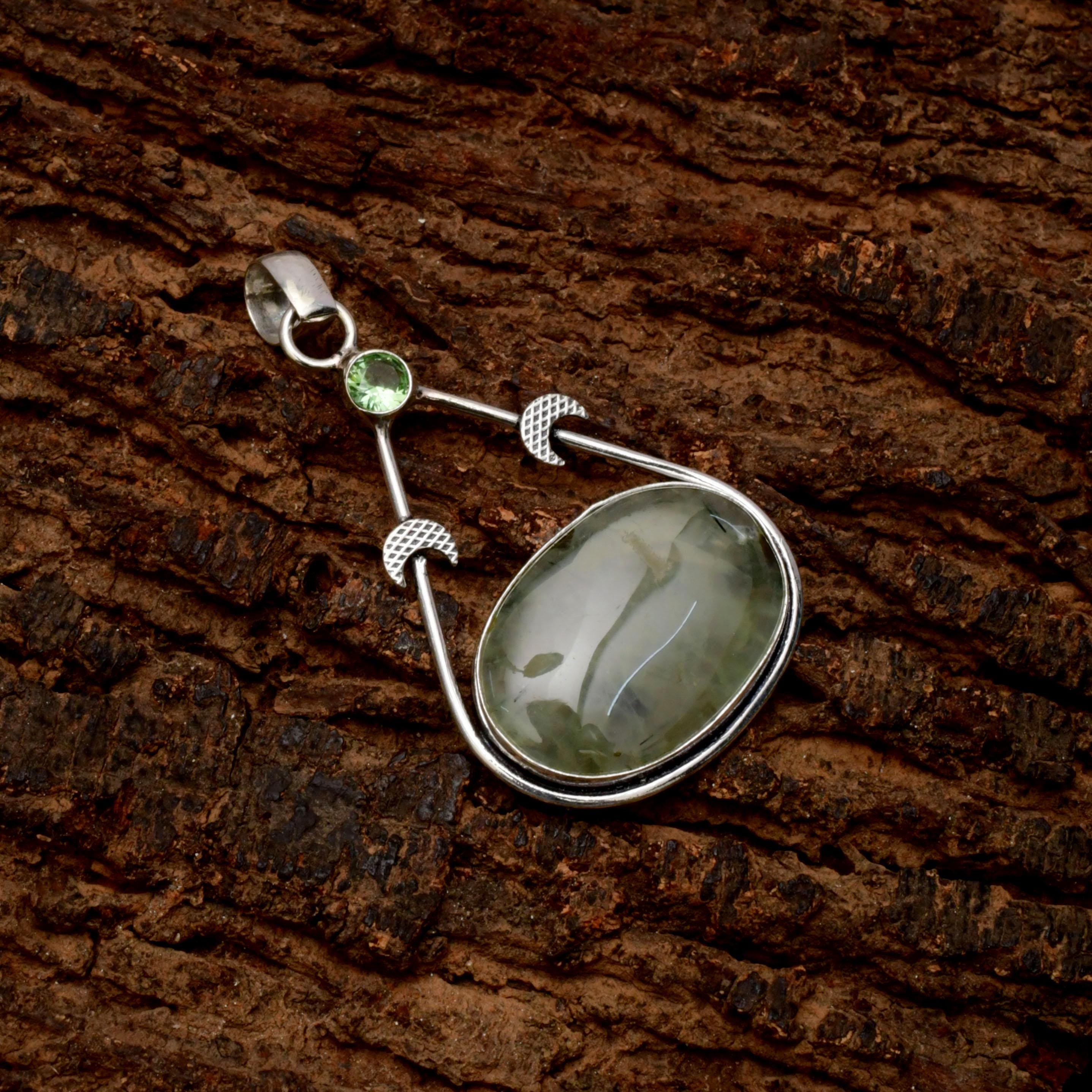 EkkJewels Handmade Prehnite Pendant 925 Sterling Silver Gemstone Necklace