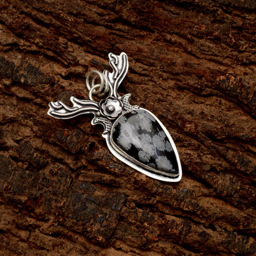 EkkJewels Snowflake Obsidian 925 Sterling Silver Deer Pendant Necklace