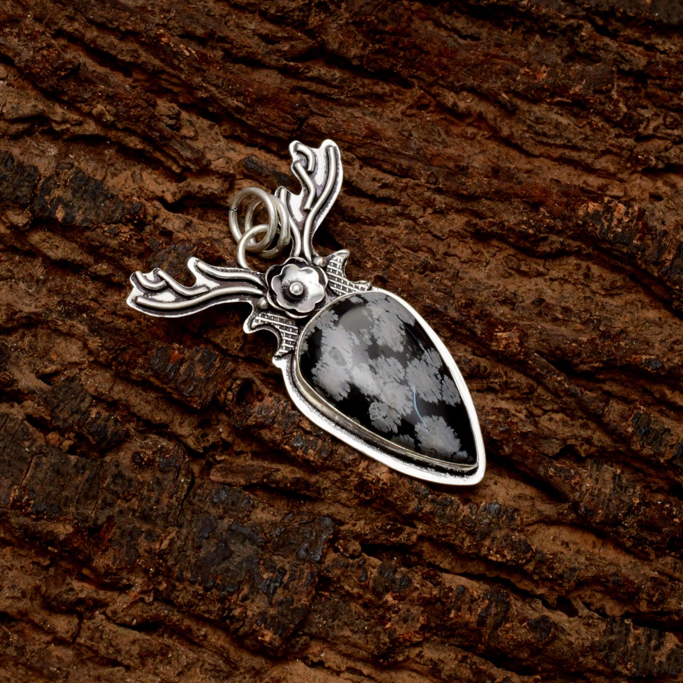 EkkJewels Snowflake Obsidian 925 Sterling Silver Deer Pendant Necklace