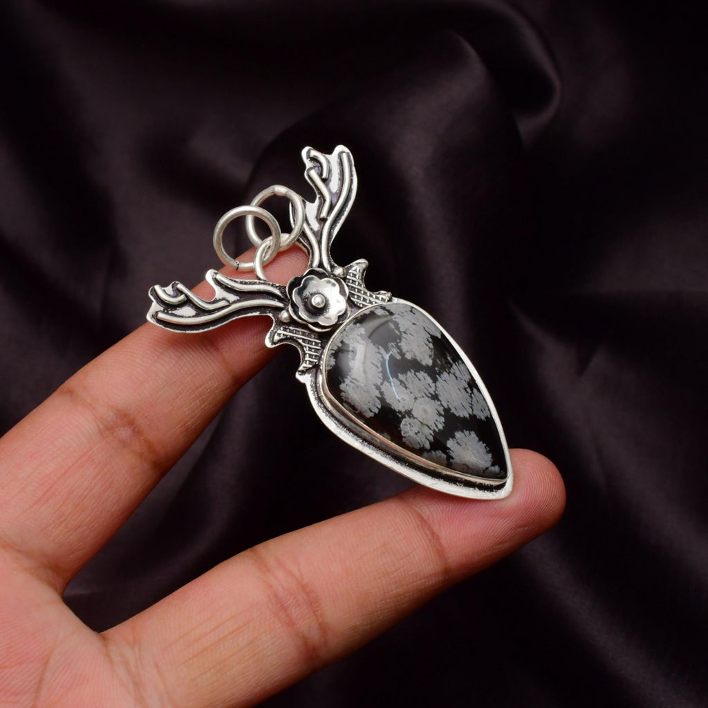 EkkJewels Snowflake Obsidian 925 Sterling Silver Deer Pendant Necklace