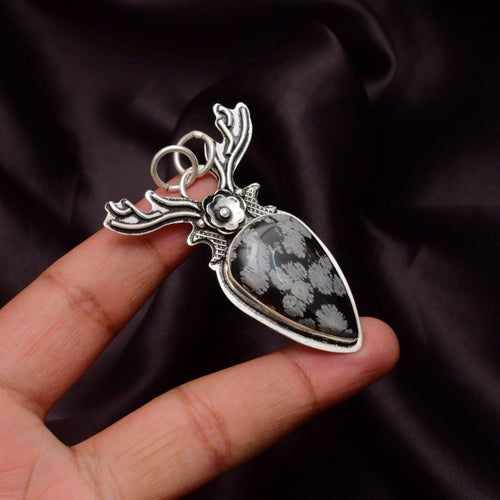 EkkJewels Snowflake Obsidian 925 Sterling Silver Deer Pendant Necklace