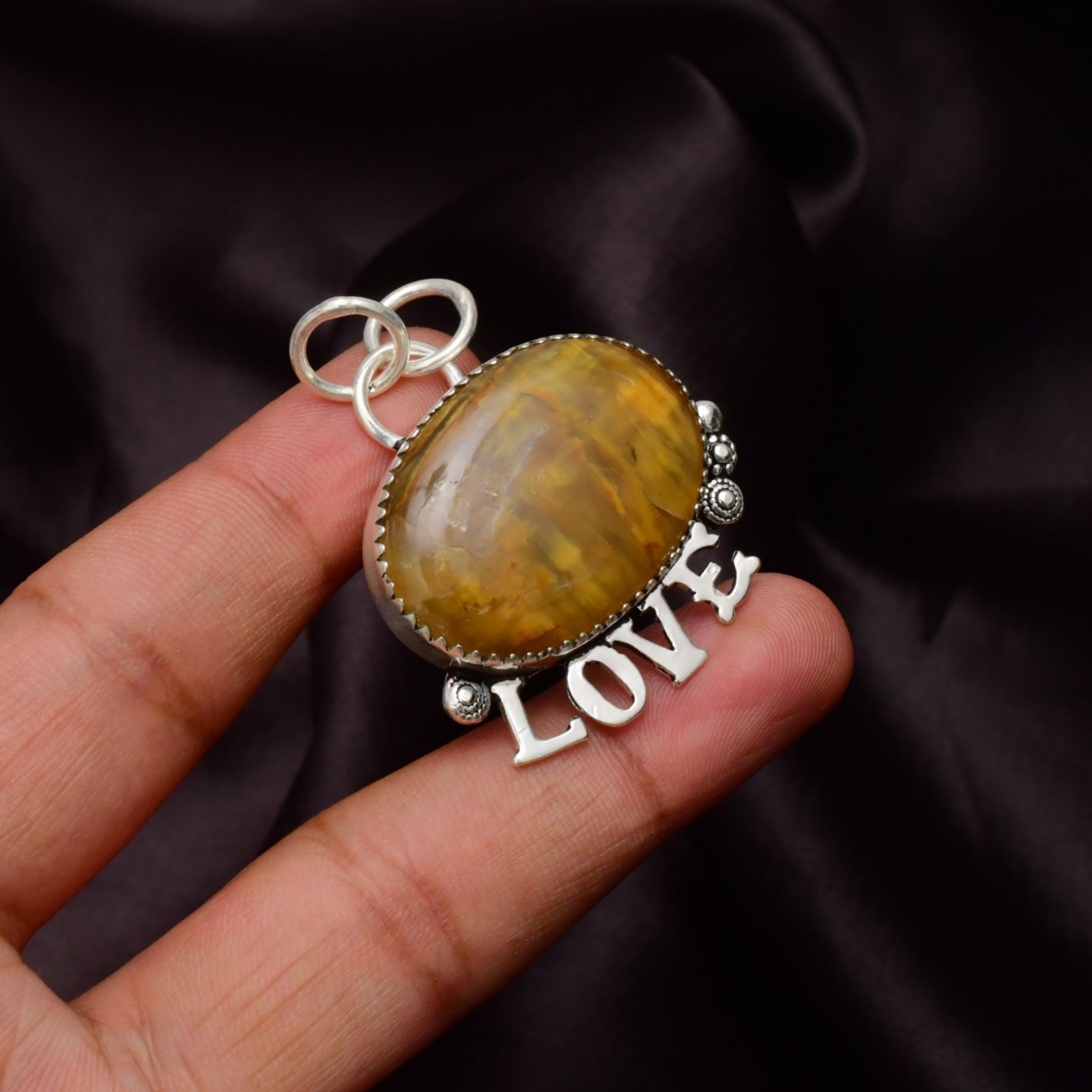 Handmade Neelite Gemstone Love Pendant, 925 Sterling Silver Necklace