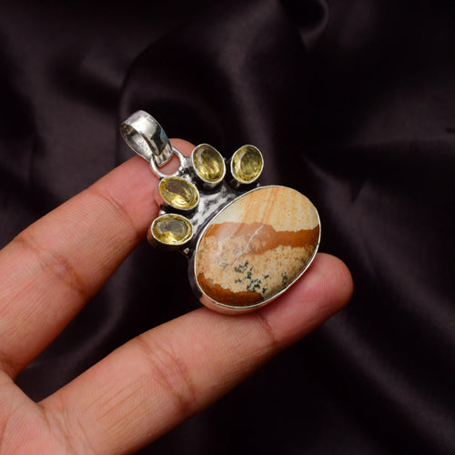 EkkJewels Picture Jasper Pet Paw Pendant Necklace 925 Sterling Silver 1.8in