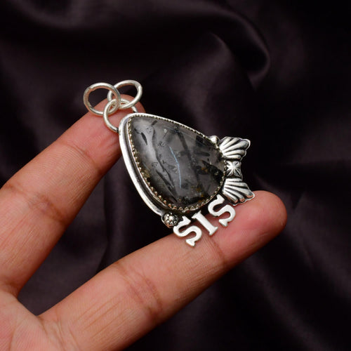 EkkJewels Handmade Black Rutile Gemstone Sis Pendant 925 Sterling Silver