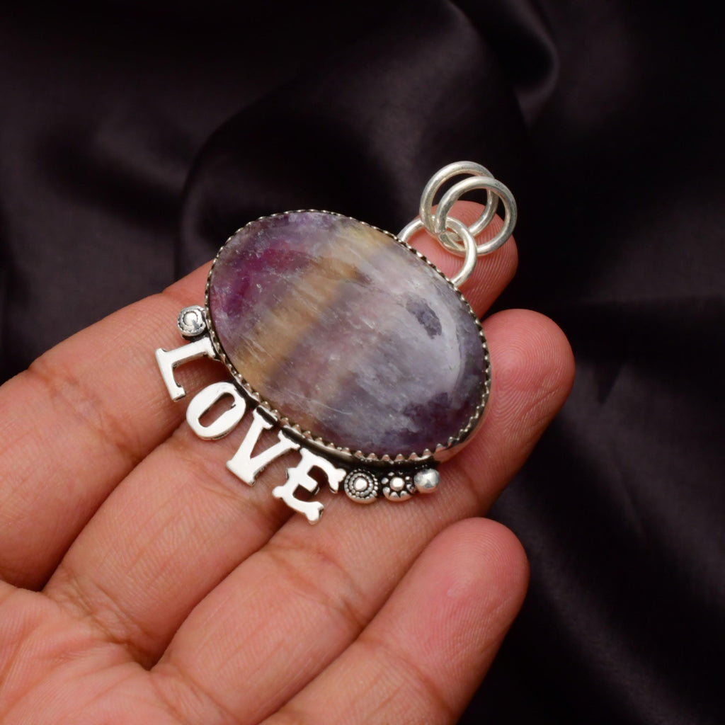 EkkJewels Fluorite Gemstone 925 Sterling Silver LOVE Pendant Necklace