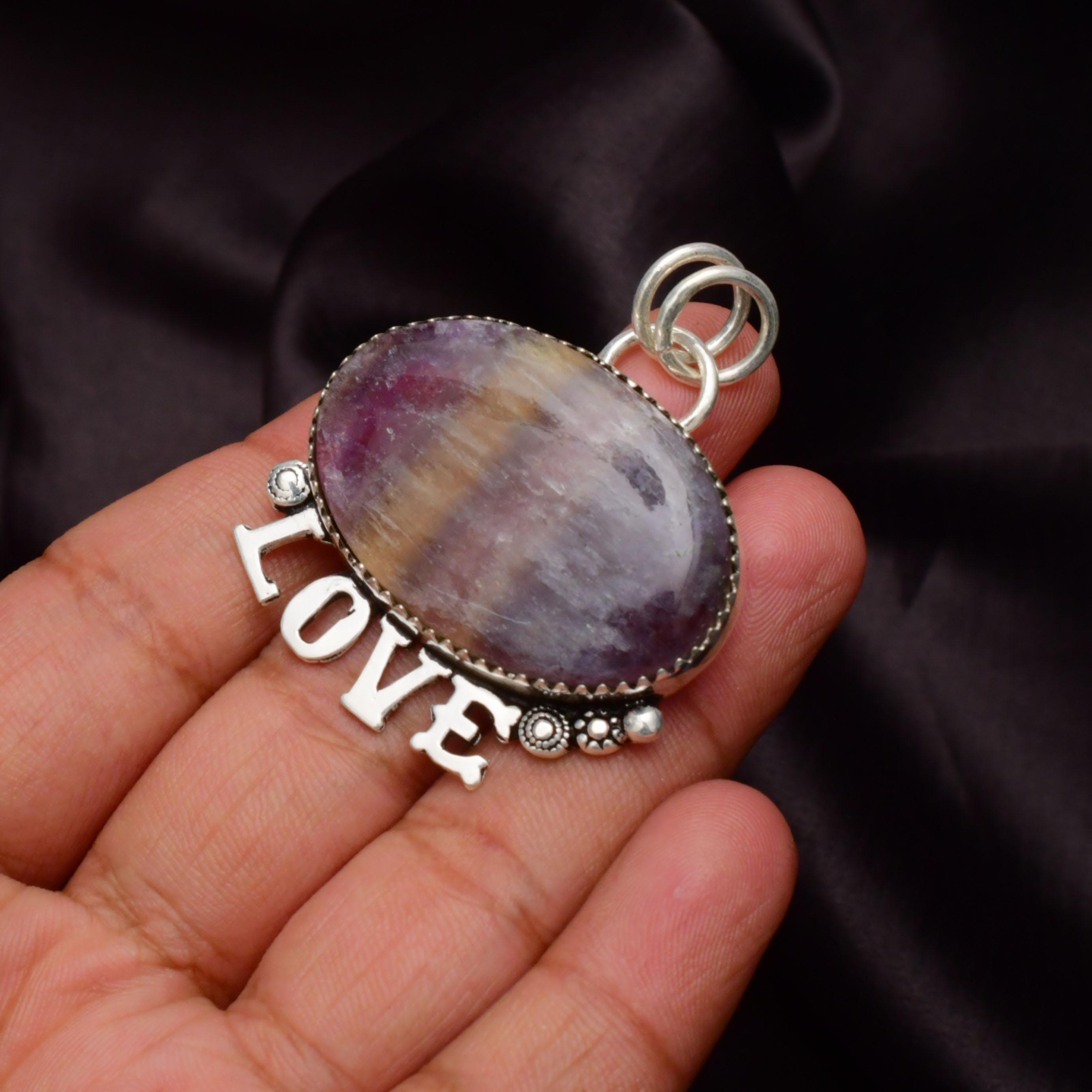 EkkJewels Fluorite Gemstone 925 Sterling Silver LOVE Pendant Necklace