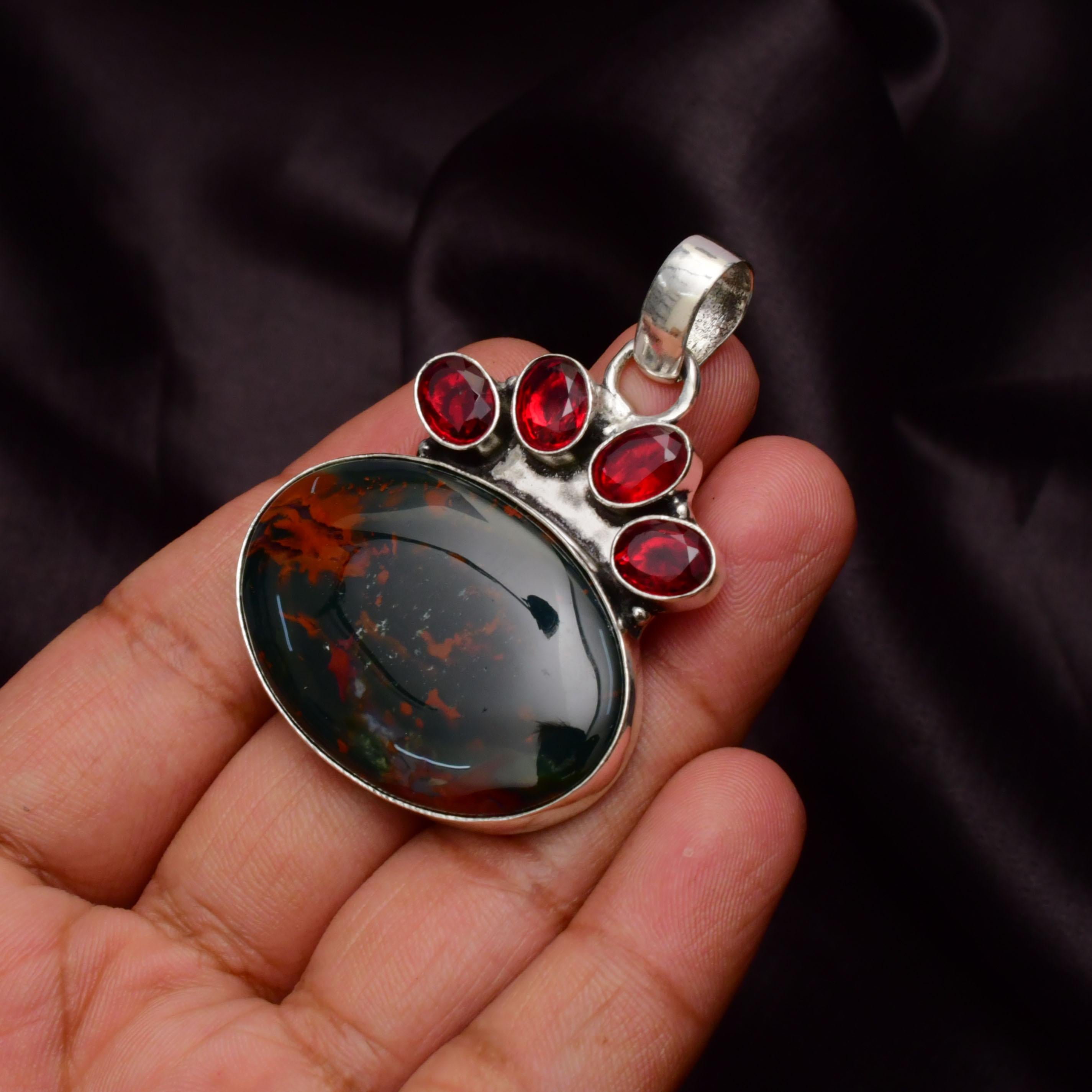EkkJewels Blood Stone Gemstone Pendant 925 Sterling Silver 2in