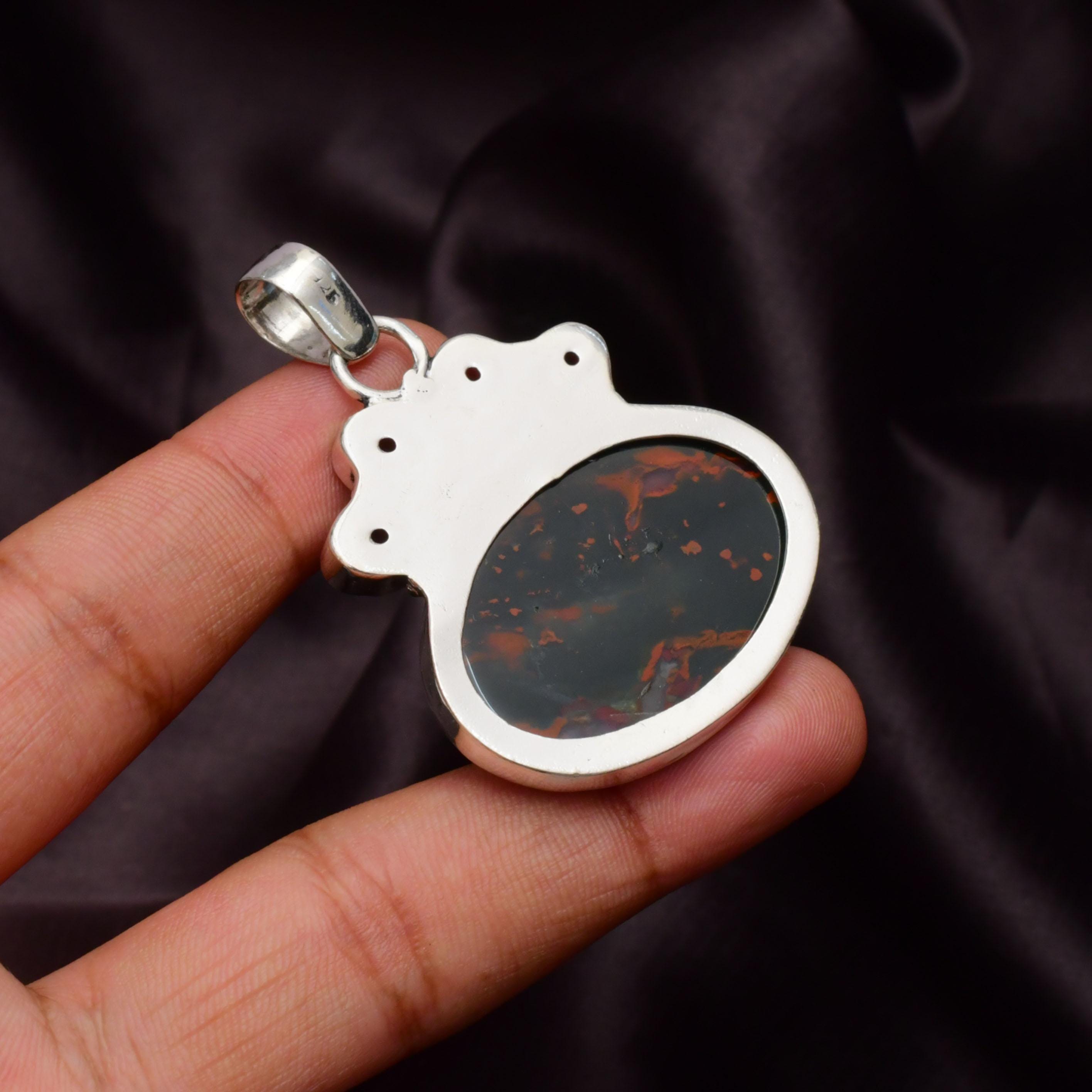 EkkJewels Blood Stone Gemstone Pendant 925 Sterling Silver 2in