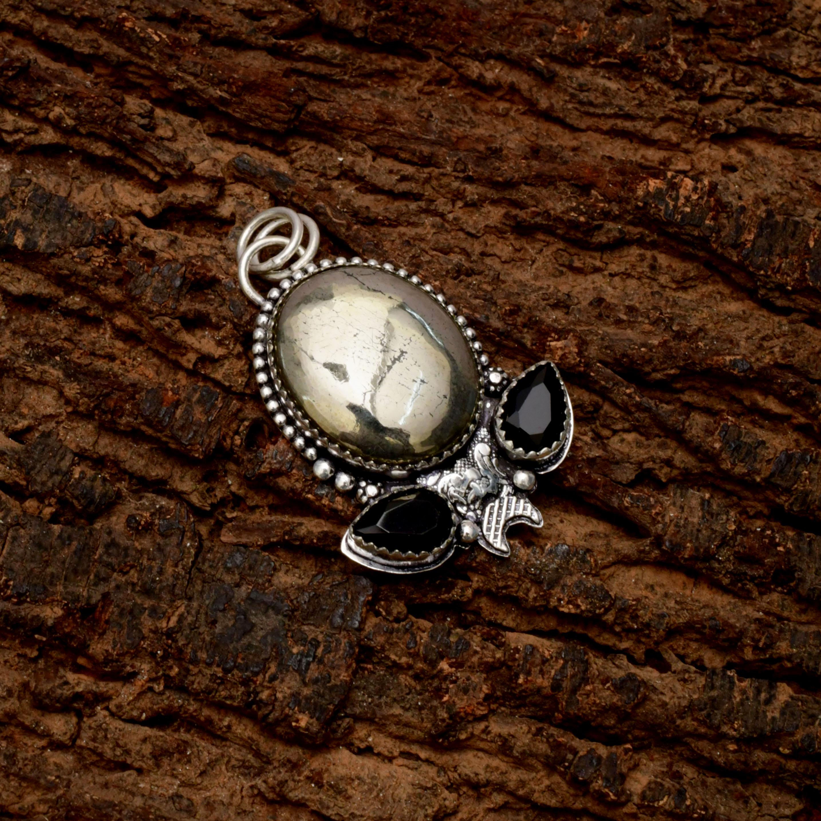Handmade Golden Pyrite Gemstone Pendant 925 Sterling Silver Necklace
