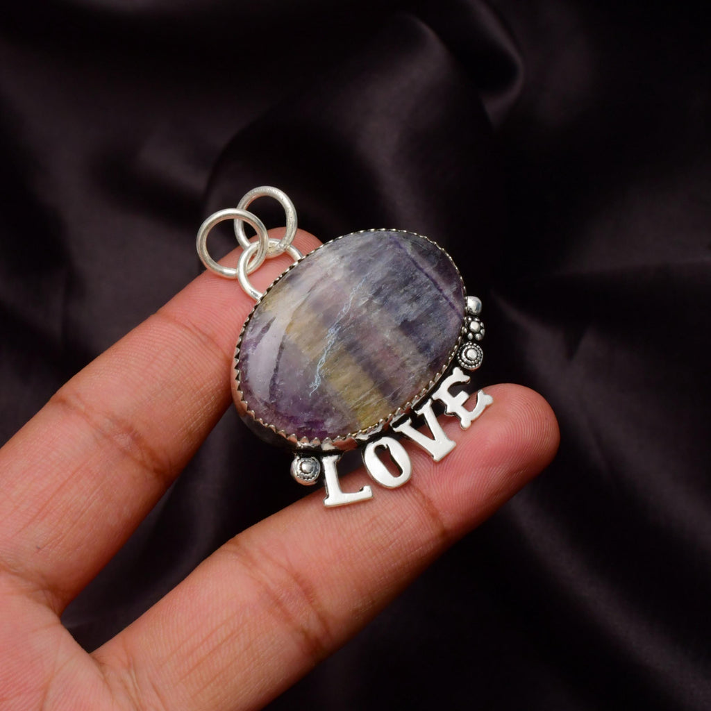 EkkJewels Fluorite Gemstone 925 Sterling Silver LOVE Pendant Necklace