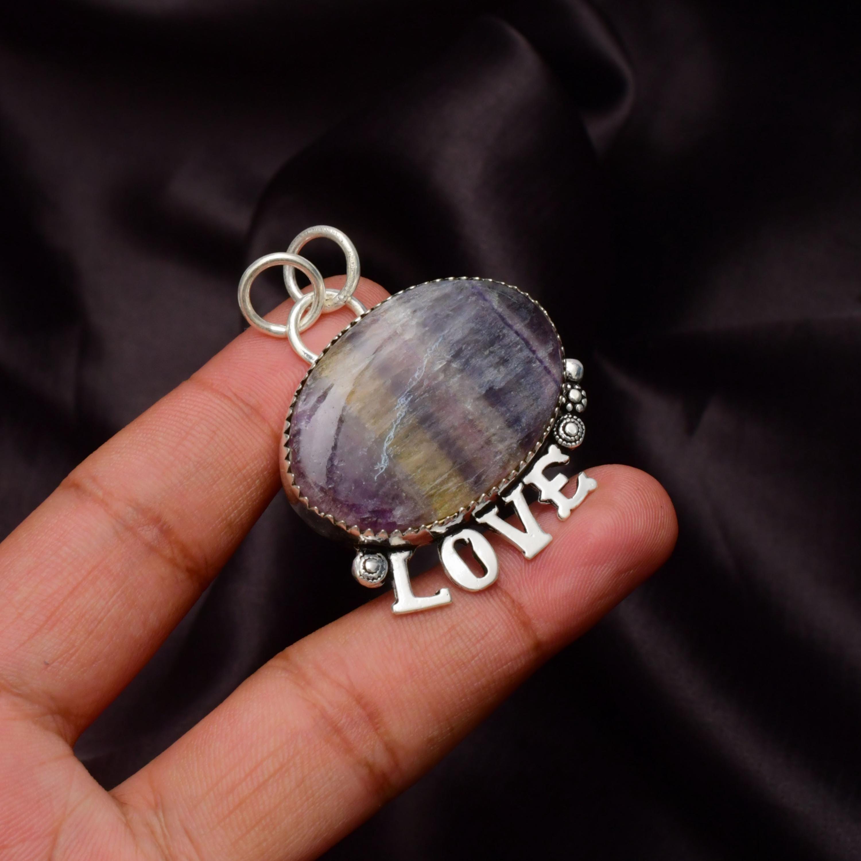 EkkJewels Fluorite Gemstone 925 Sterling Silver LOVE Pendant Necklace
