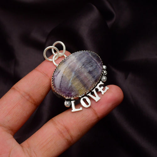 EkkJewels Fluorite Gemstone 925 Sterling Silver LOVE Pendant Necklace