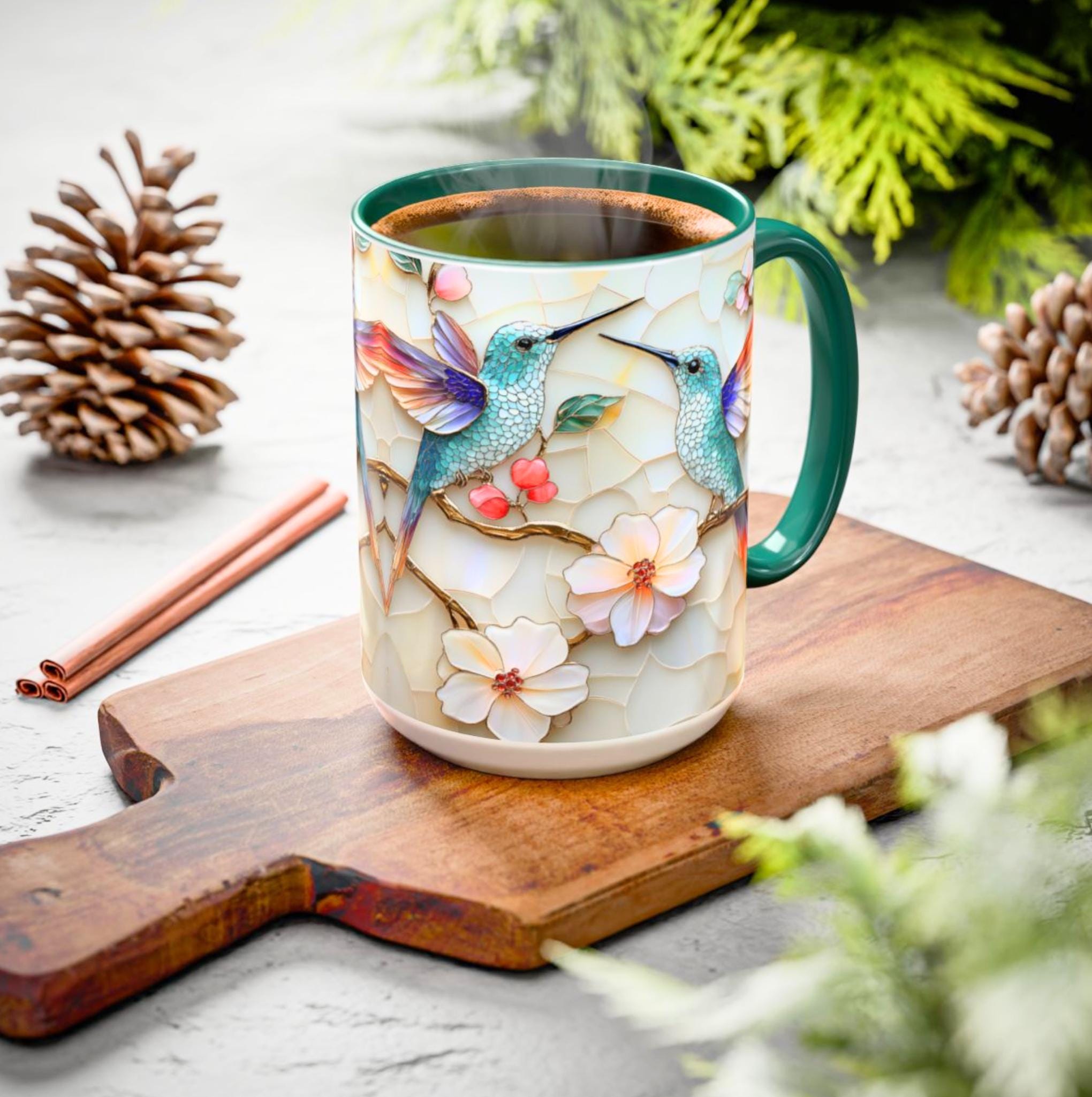 LELORESTORE Hummingbird Stained Glass Mug Floral Coffee Cup