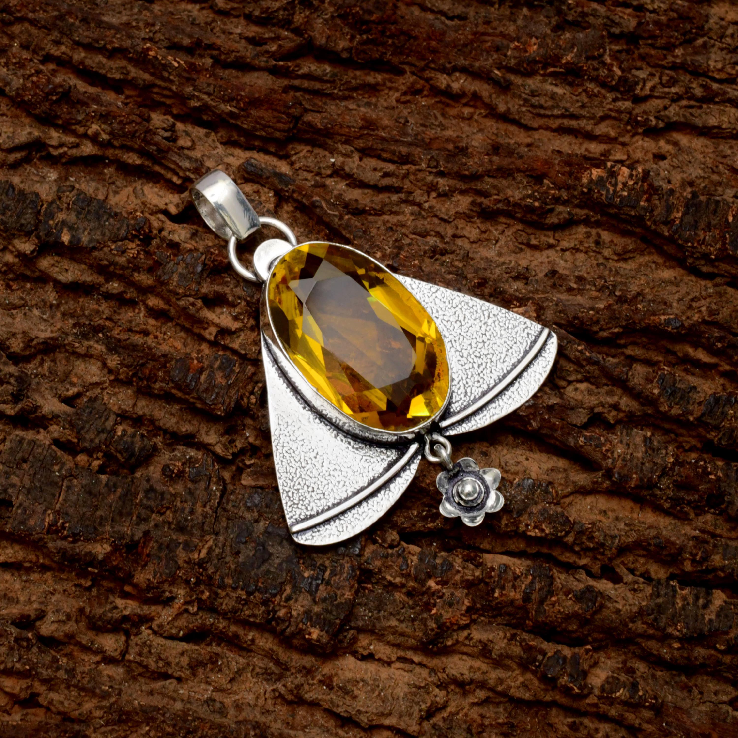EkkJewels Handmade Citrine Gemstone 925 Sterling Silver Pendant Necklace