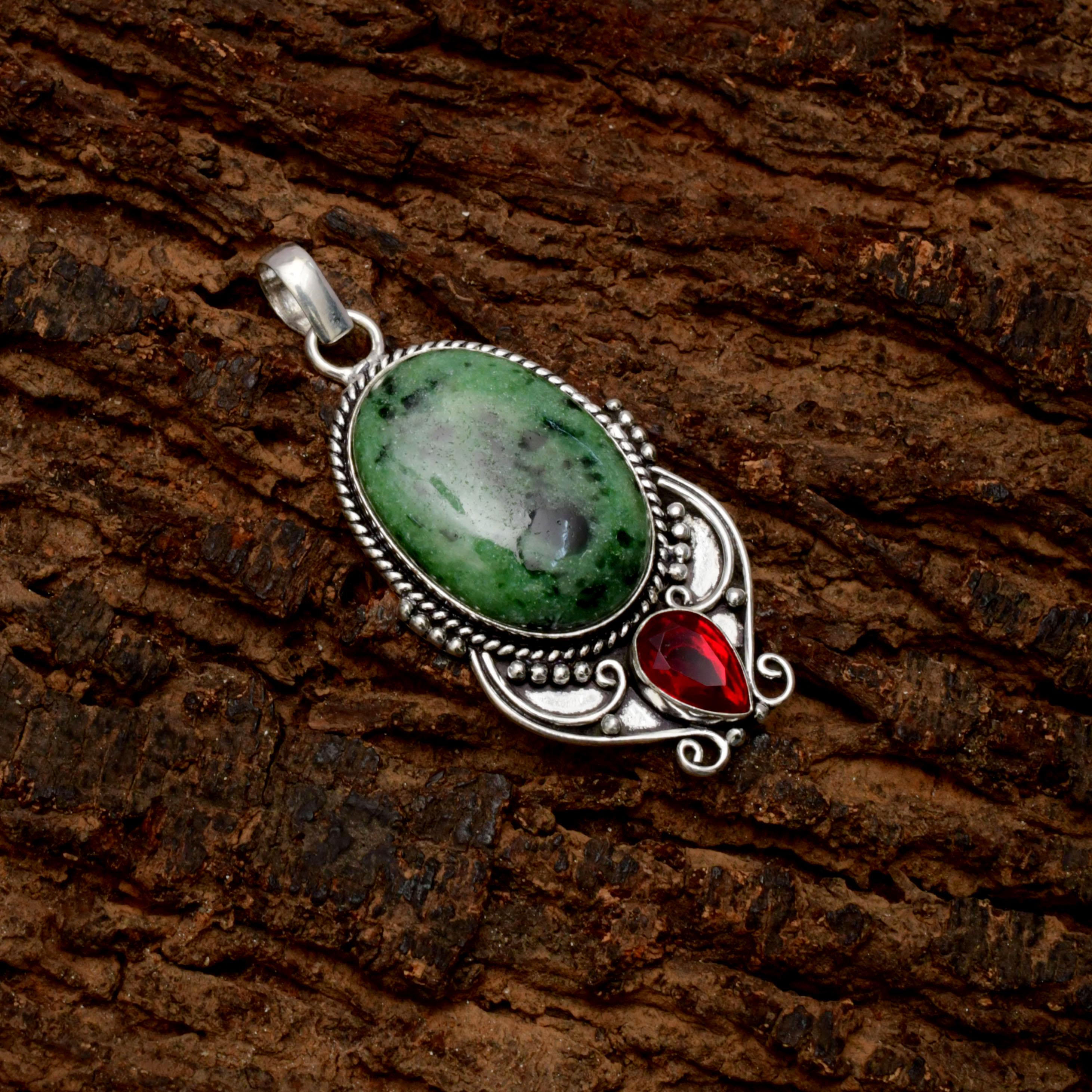 EkkJewels Ruby Zoisite Gemstone 925 Sterling Silver Pendant Necklace Handmade