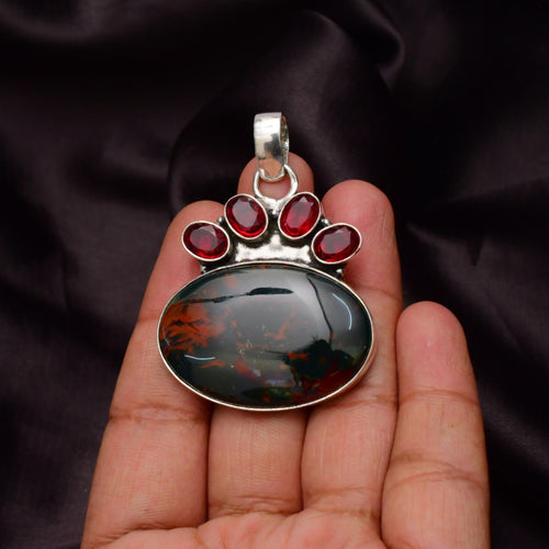 EkkJewels Blood Stone Gemstone Pendant 925 Sterling Silver 2in
