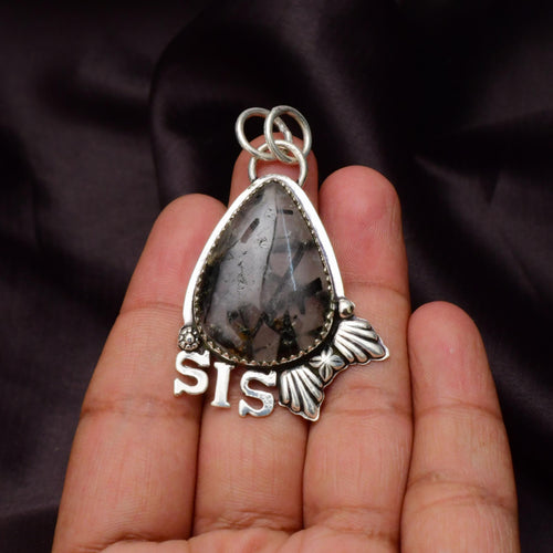 EkkJewels Handmade Black Rutile Gemstone Sis Pendant 925 Sterling Silver