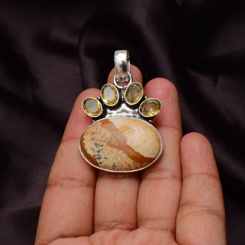 EkkJewels Picture Jasper Pet Paw Pendant Necklace 925 Sterling Silver 1.8in