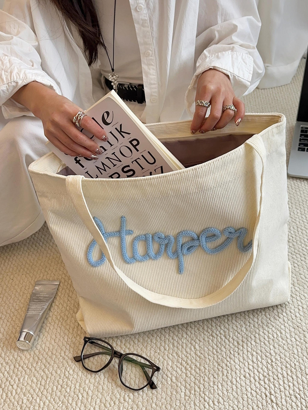 CrochetRecipe Personalized Embroidered Name Corduroy Tote Bag