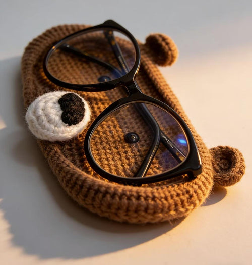 CrochetRecipe Handmade Piggy Bear Crochet Eyeglass Holder Stand Brown