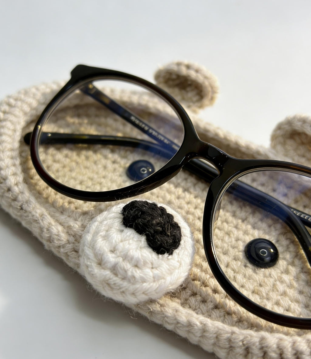 CrochetRecipe Handmade Piggy Bear Crochet Eyeglass Holder Stand Brown