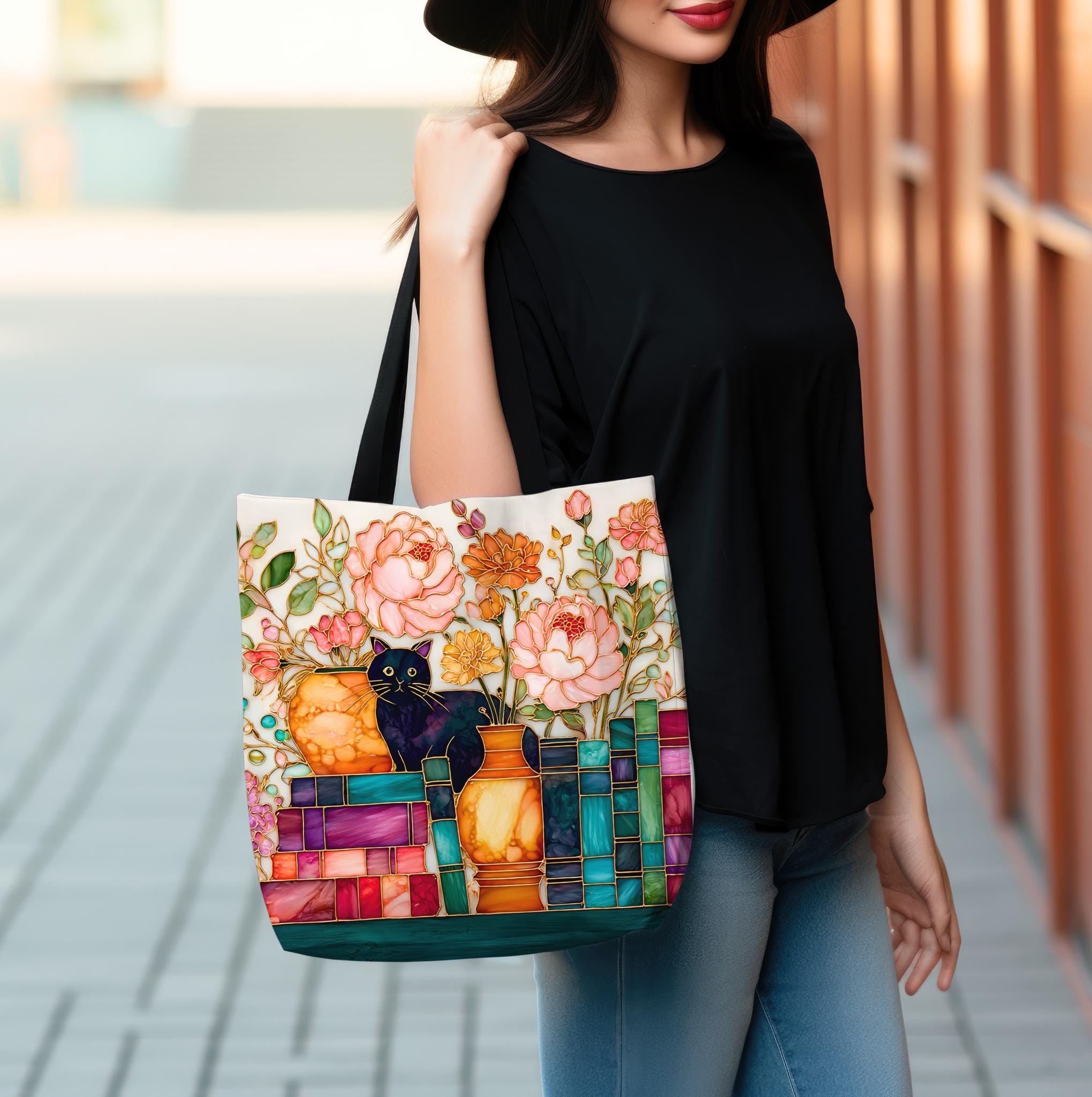 LELORESTORE Bookish Cat Tote Bag Boho Bookshelf Floral Library