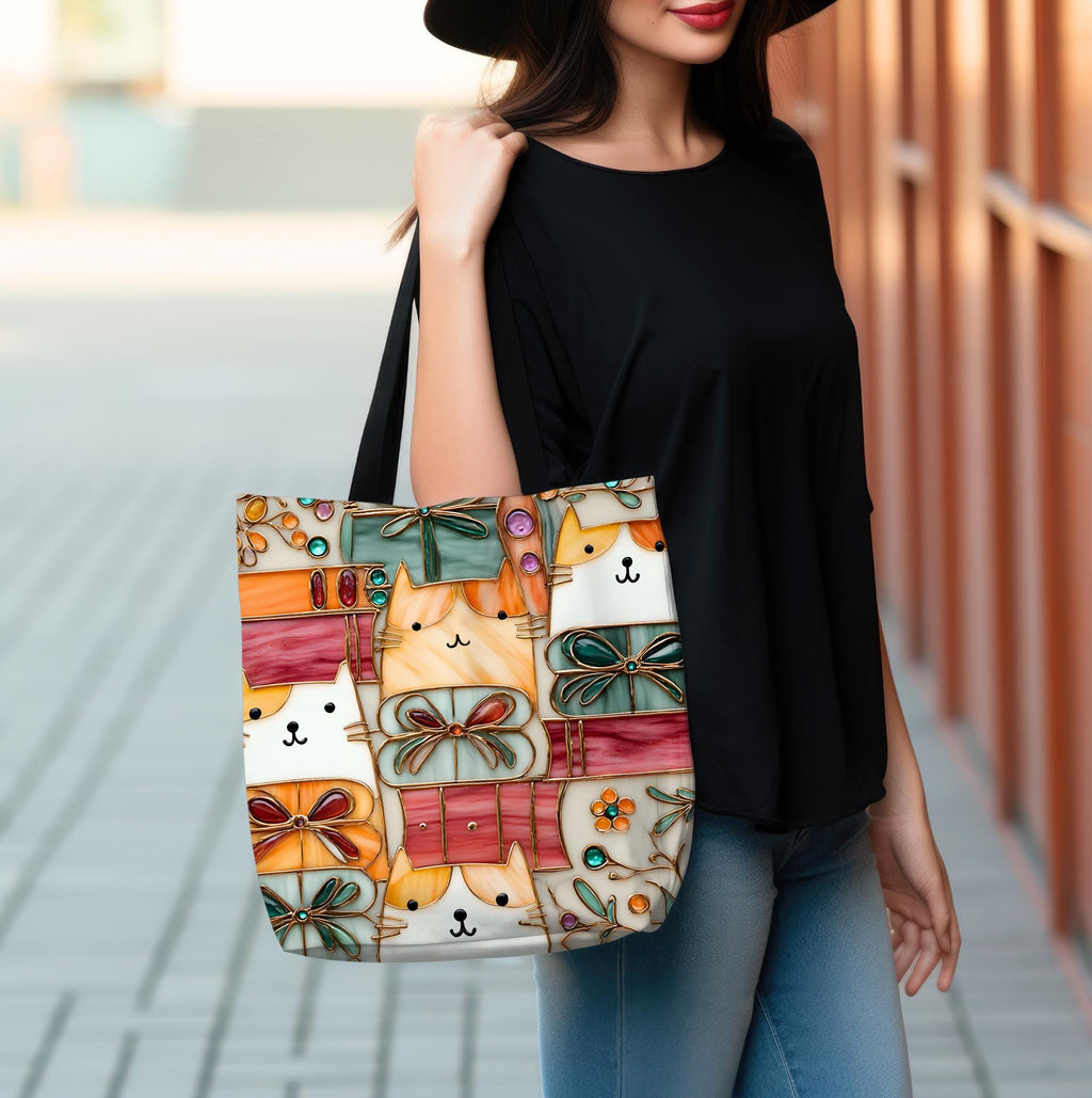 Stained Glass Look Cat Tote Bag, Literary Book Lover Gift