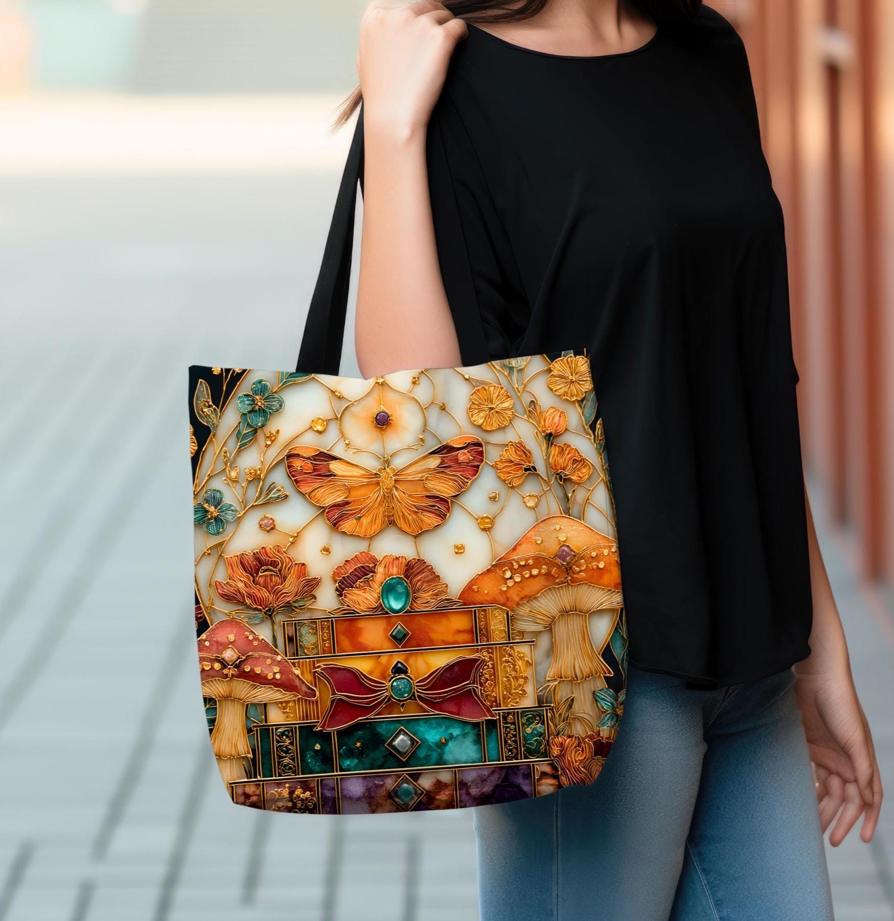 LELORESTORE Cottagecore Floral Tote Bag Moth and Mushroom Design