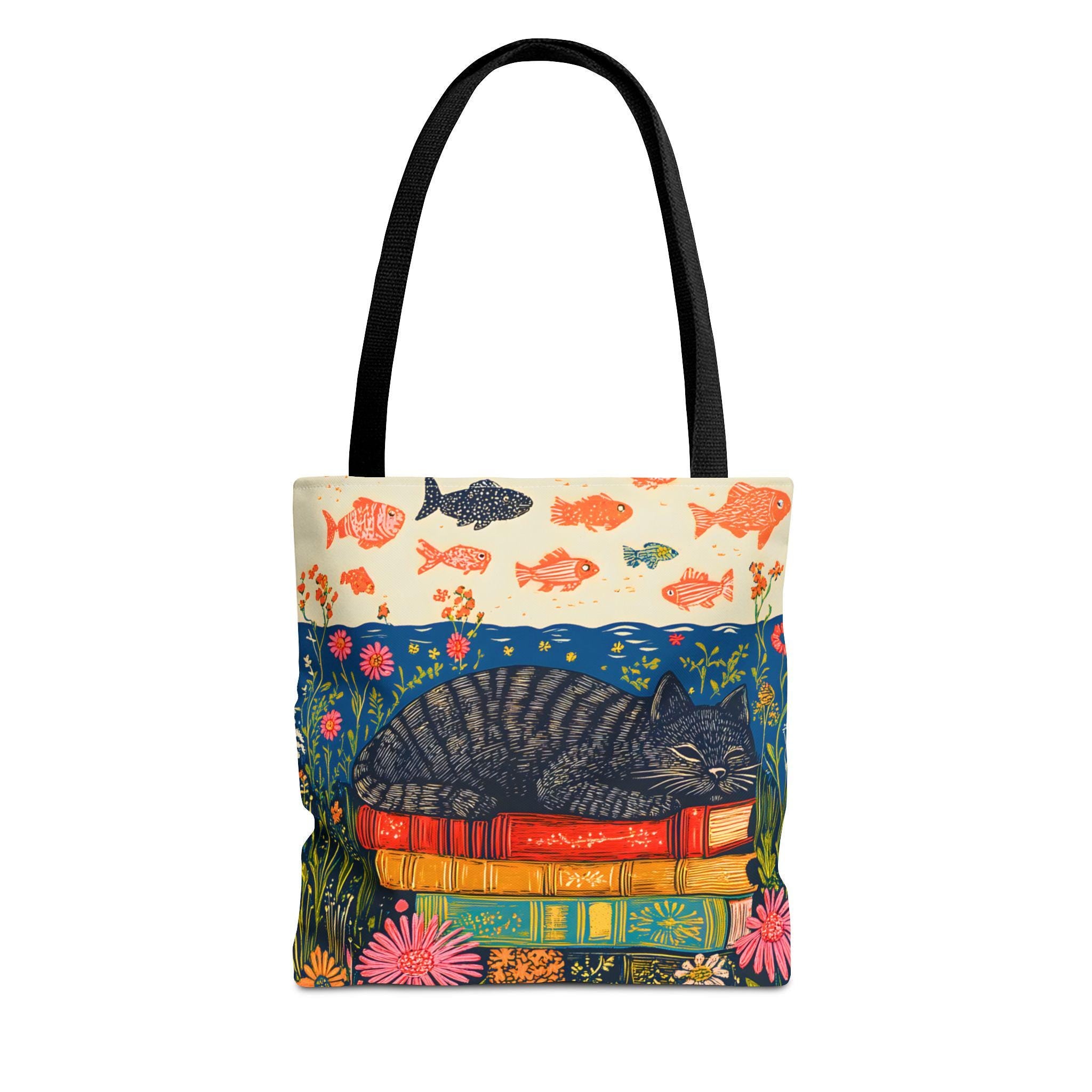 LELORESTORE Sleeping Black Cat Book Tote Bag 13in Floral Bookish Design