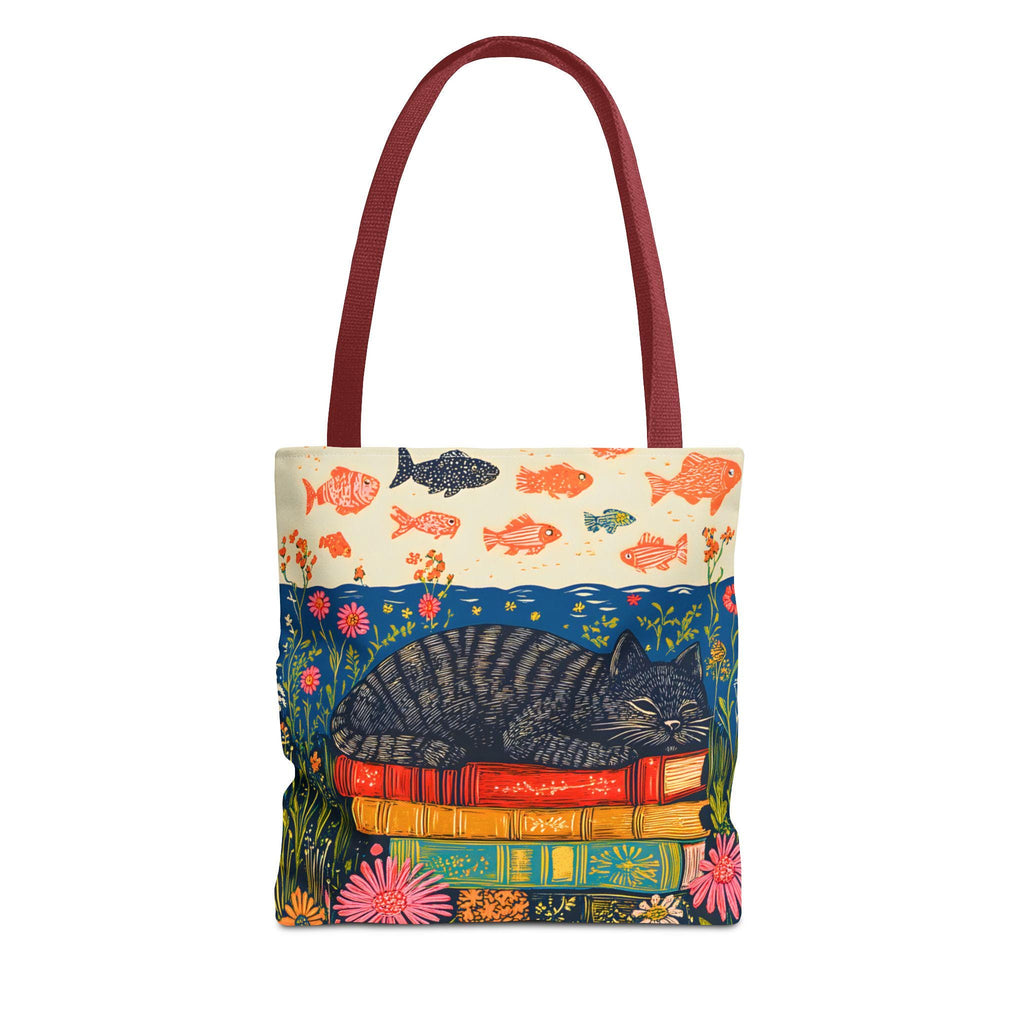 LELORESTORE Sleeping Black Cat Book Tote Bag 13in Floral Bookish Design