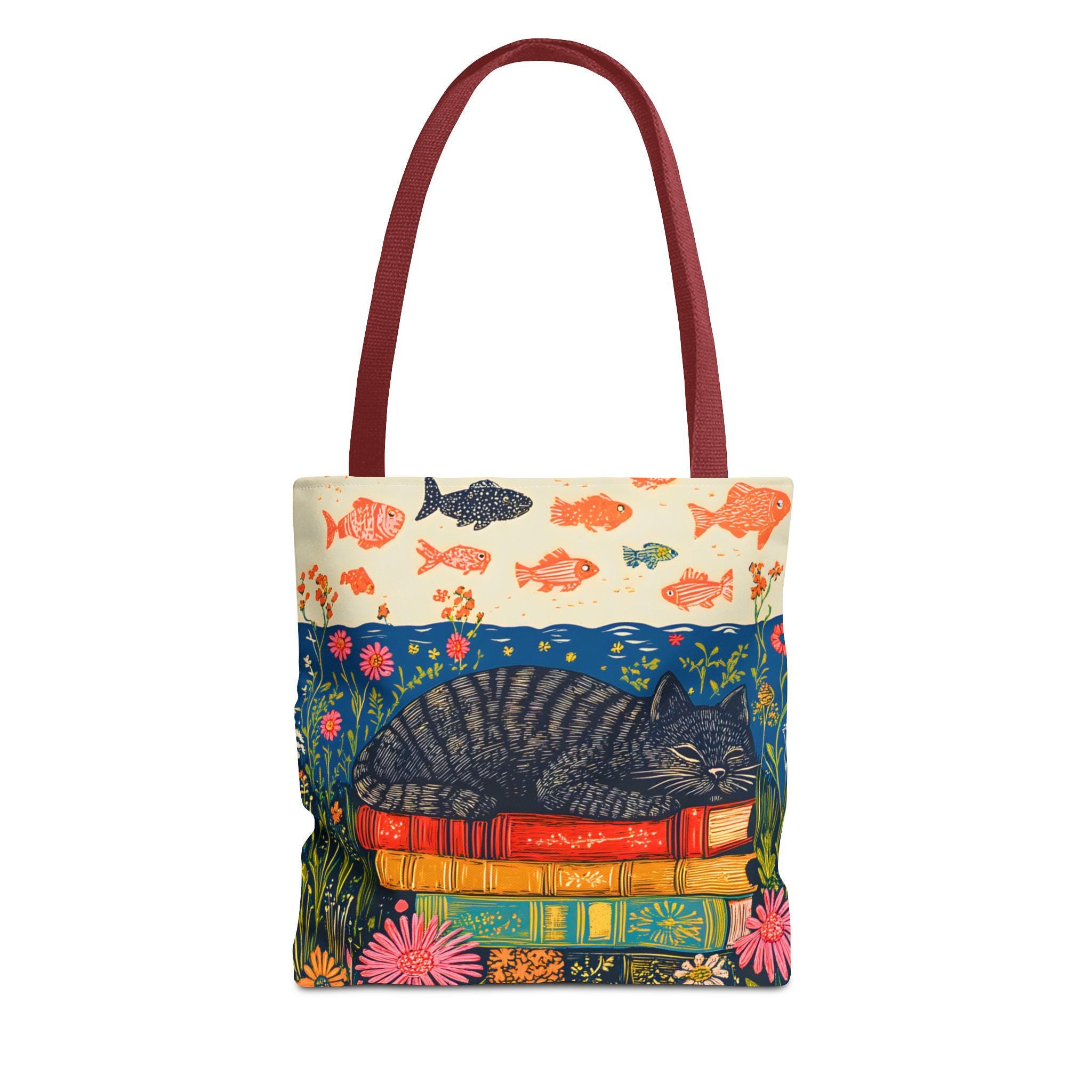 LELORESTORE Sleeping Black Cat Book Tote Bag 13in Floral Bookish Design