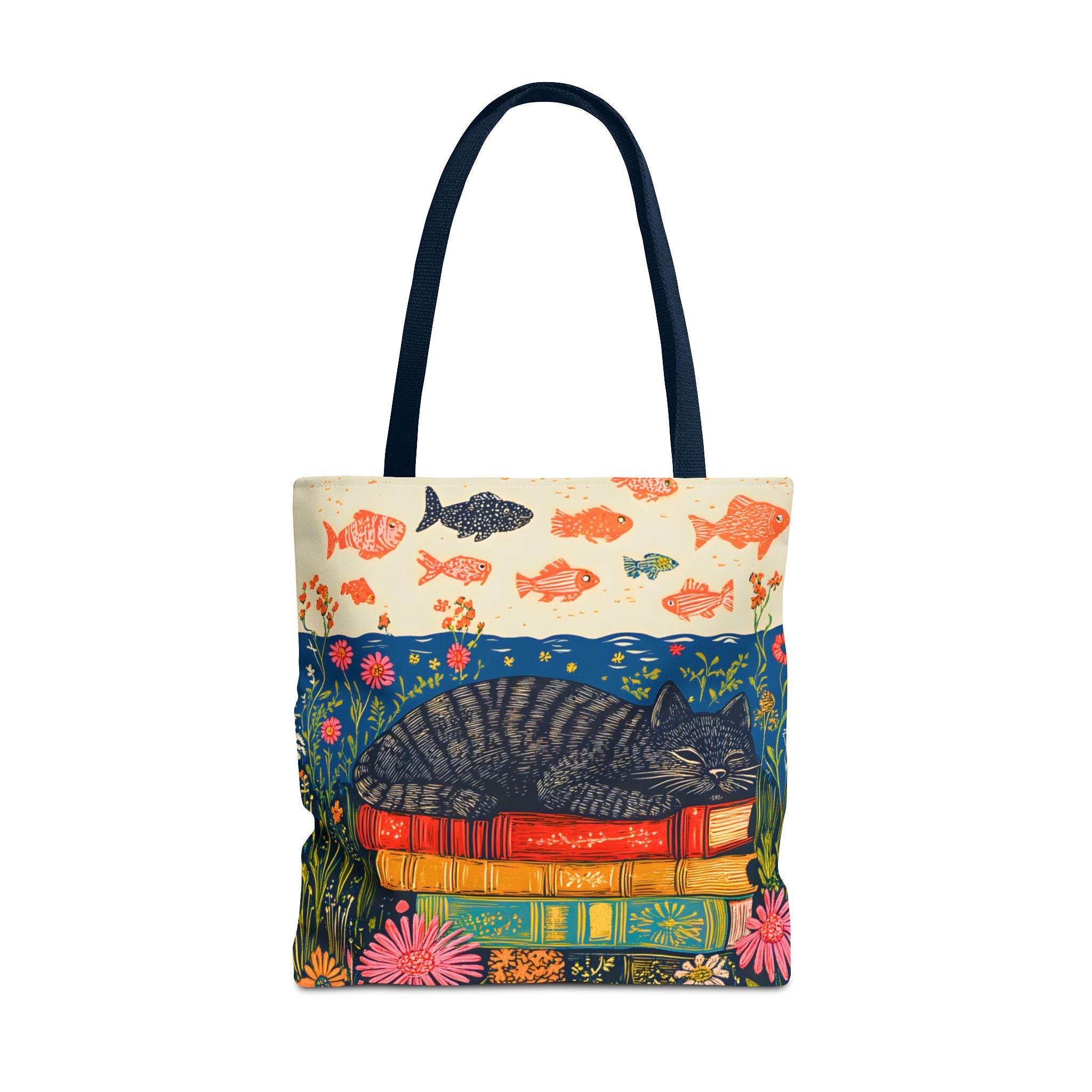 LELORESTORE Sleeping Black Cat Book Tote Bag 13in Floral Bookish Design