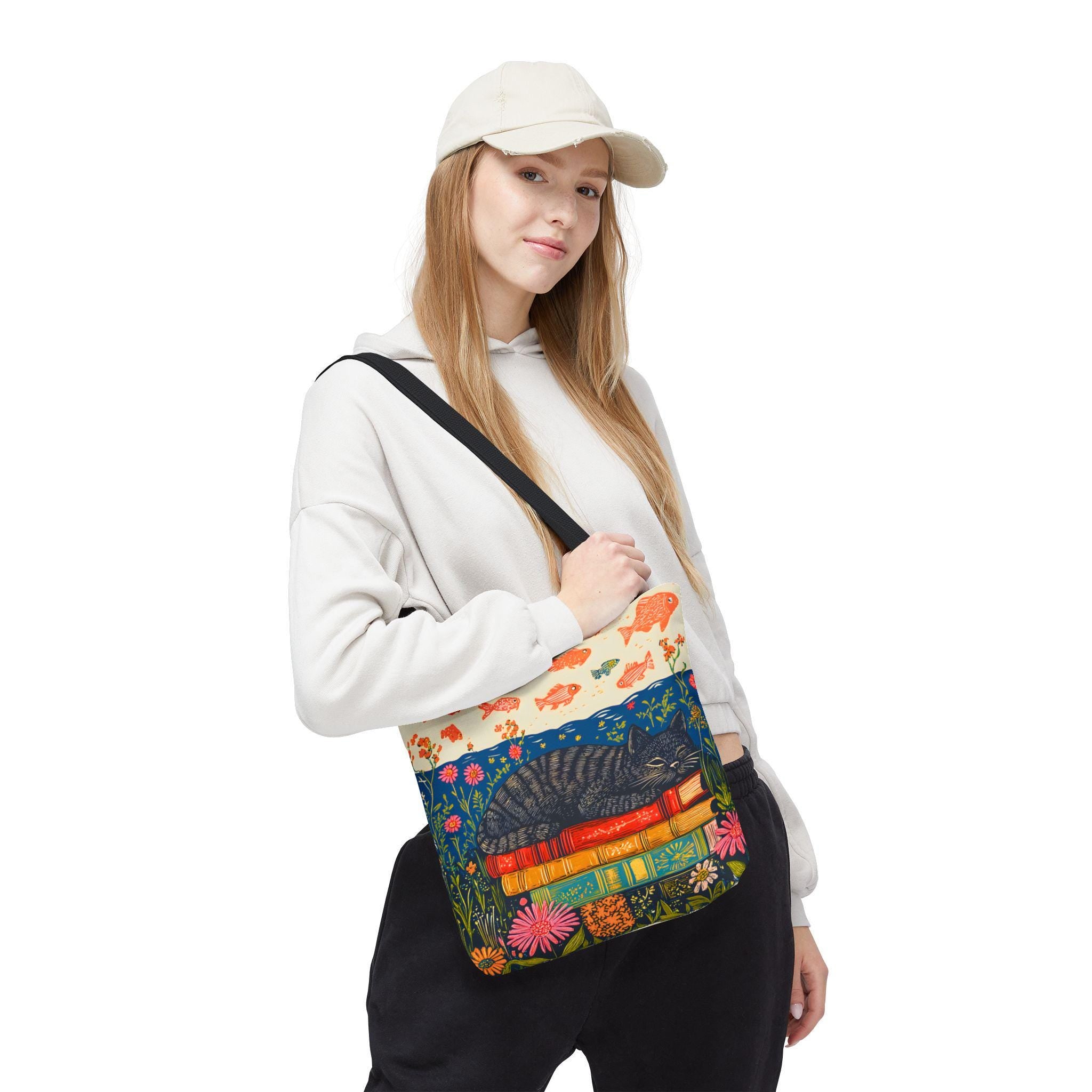 LELORESTORE Sleeping Black Cat Book Tote Bag 13in Floral Bookish Design